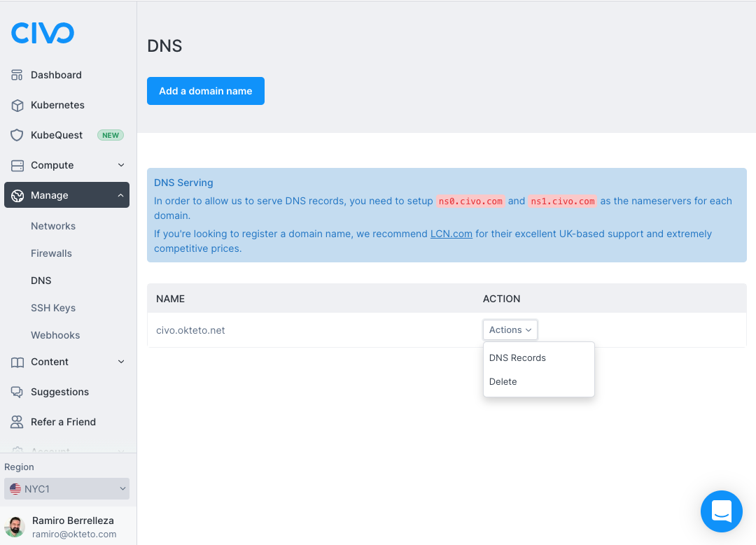 Screenshot of the CIVO app and the DNS Records settings